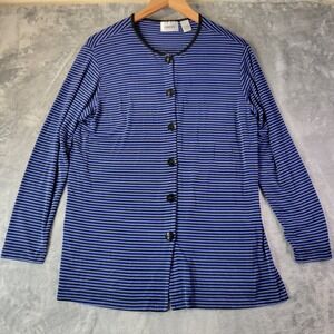 Chicos Travelers Womens Medium Blue Black Striped Slinky Button Front Cardigan